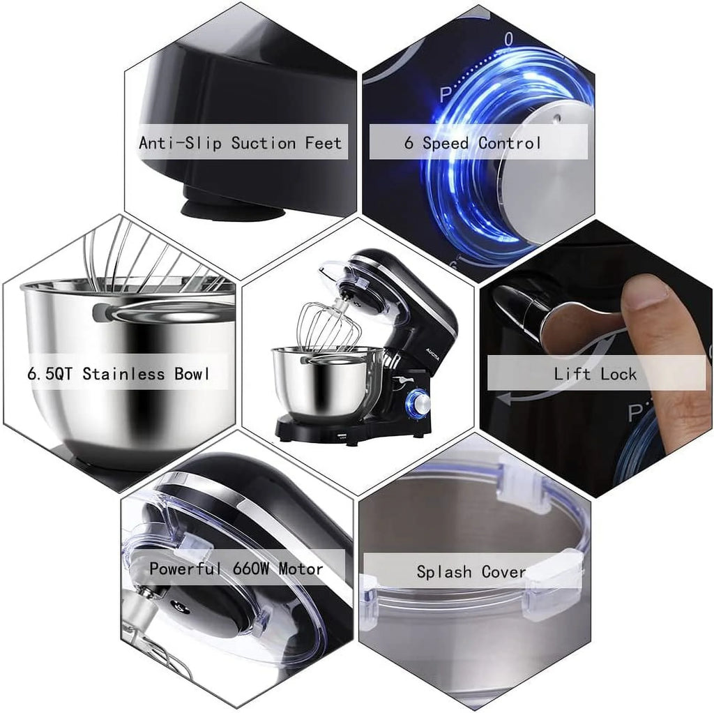 6.5-QT 660W 6-Speed Tilt-Head Stand Mixer with Dough Hook, Wire Whip & Beater P99103