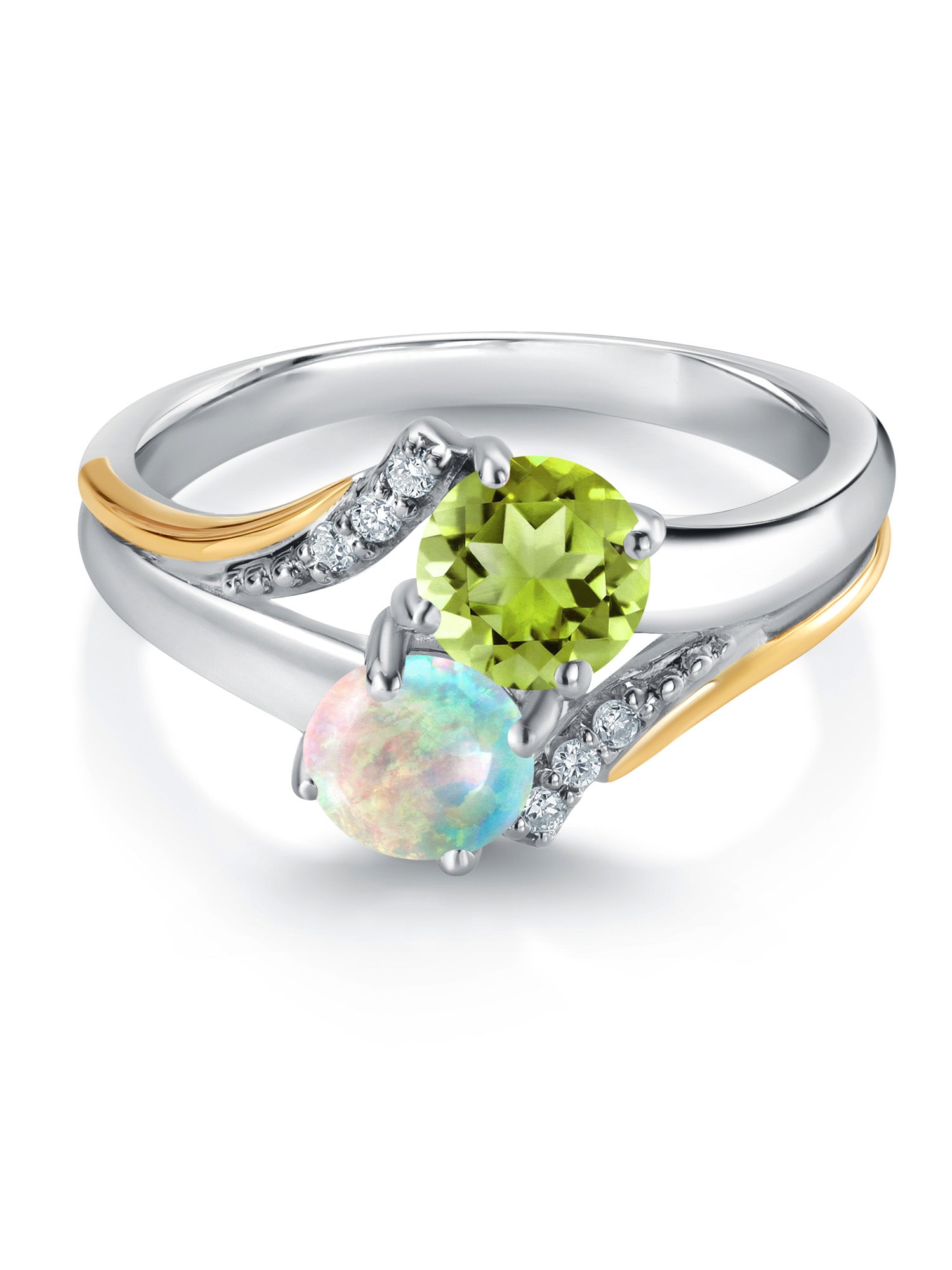 10K Yellow Gold and 925 Silver Engagement Ring with White Opal, Green Peridot, and White Lab Grown Diamond Accent C485